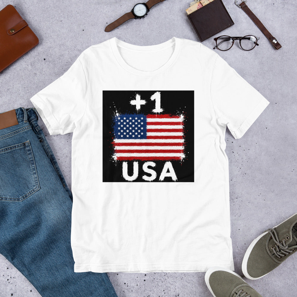 T-shirt USA +1 - Blanc avec drapeau floqué effet éclaboussure de peinture - vue de face - Indicatif Fier