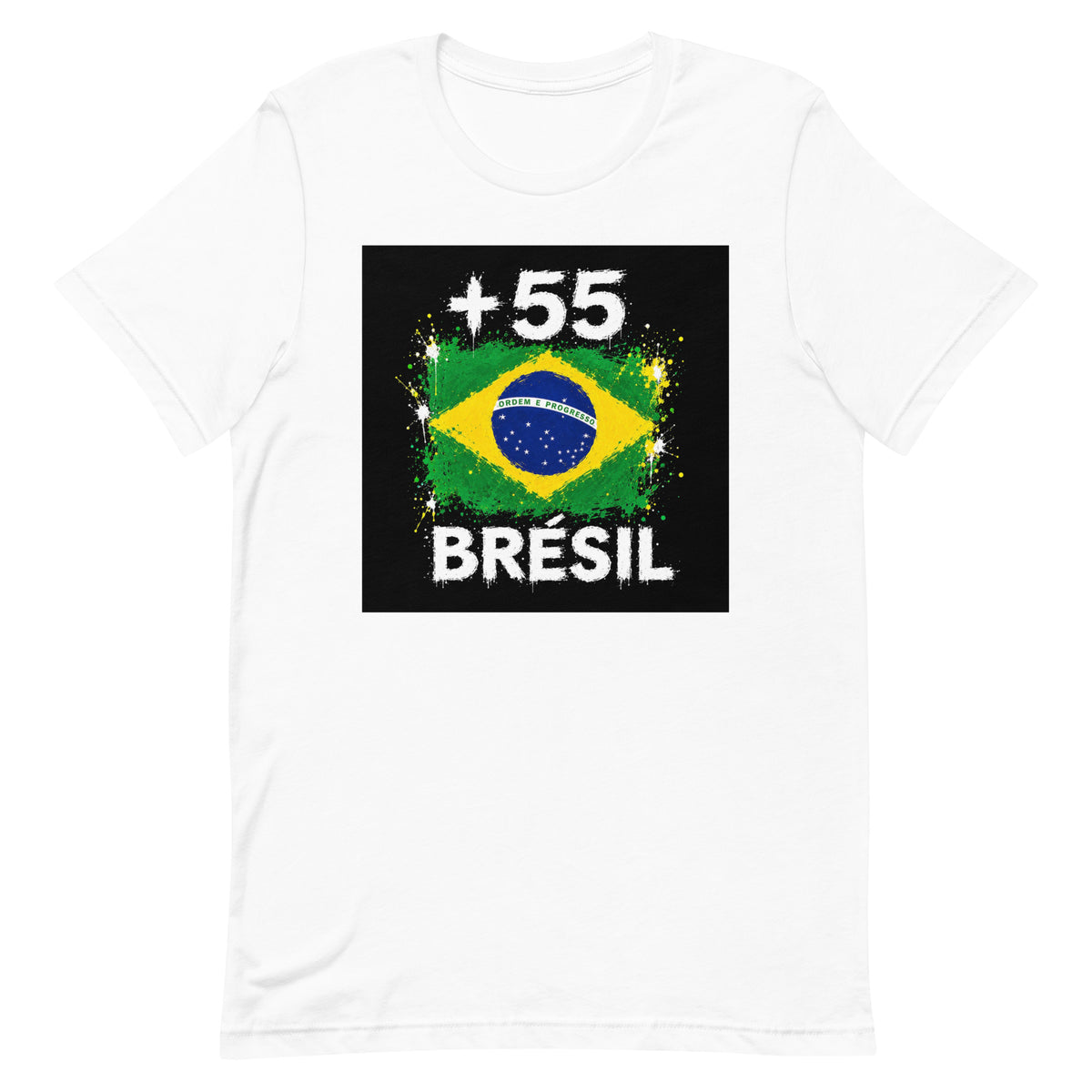 T-shirt Brésil +55 blanc vue de face, sérigraphie drapeau brésilien