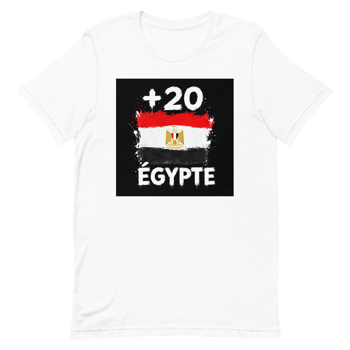 T-shirt Égypte +20 blanc vue de face, sérigraphie drapeau égyptien