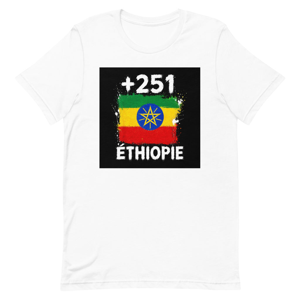 T-shirt Éthiopie +251 blanc vue de face, sérigraphie drapeau éthiopien