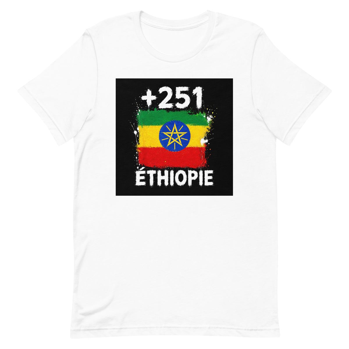 T-shirt Éthiopie +251 blanc vue de face, sérigraphie drapeau éthiopien