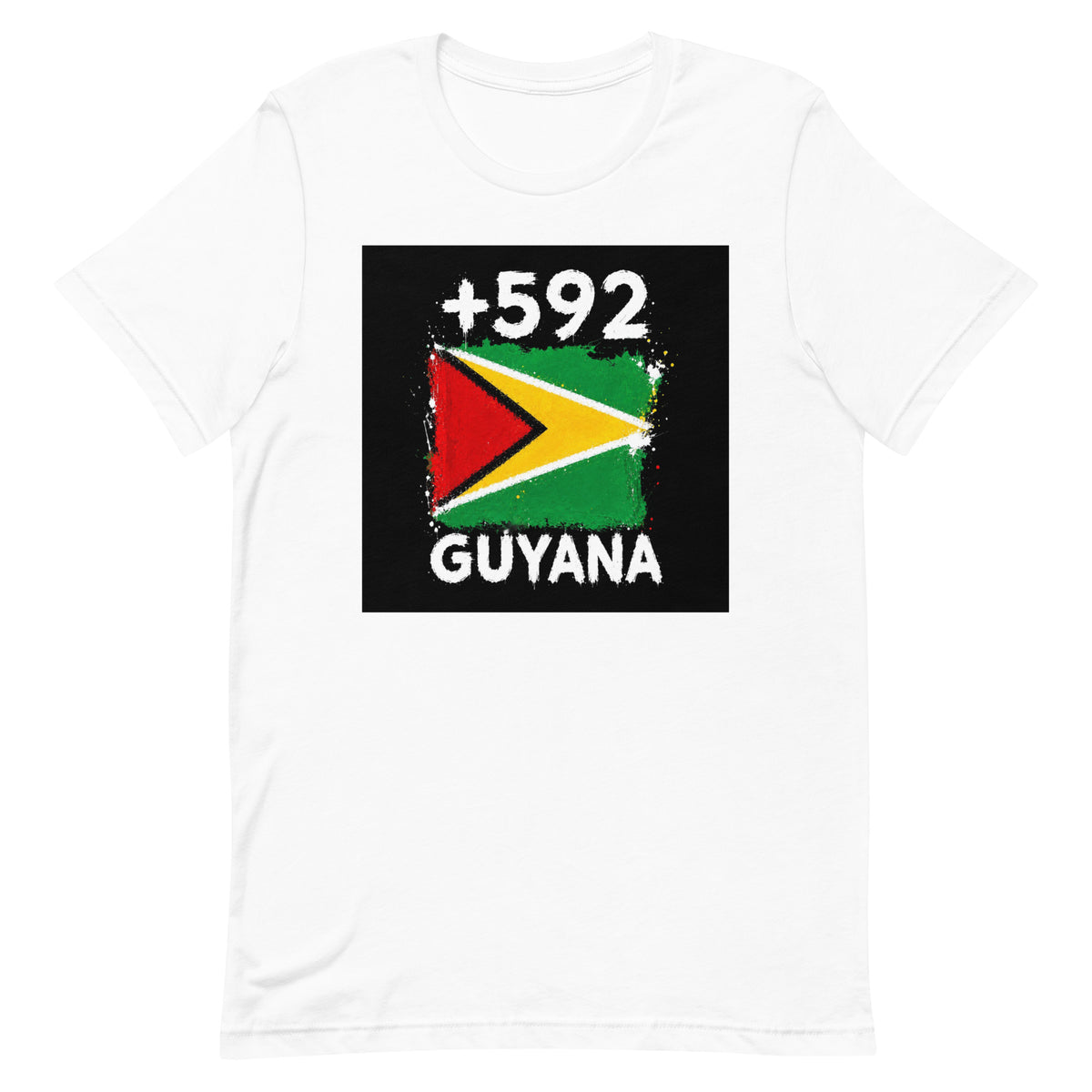 T-shirt Guyana +592 blanc vue de face, sérigraphie drapeau guyanien