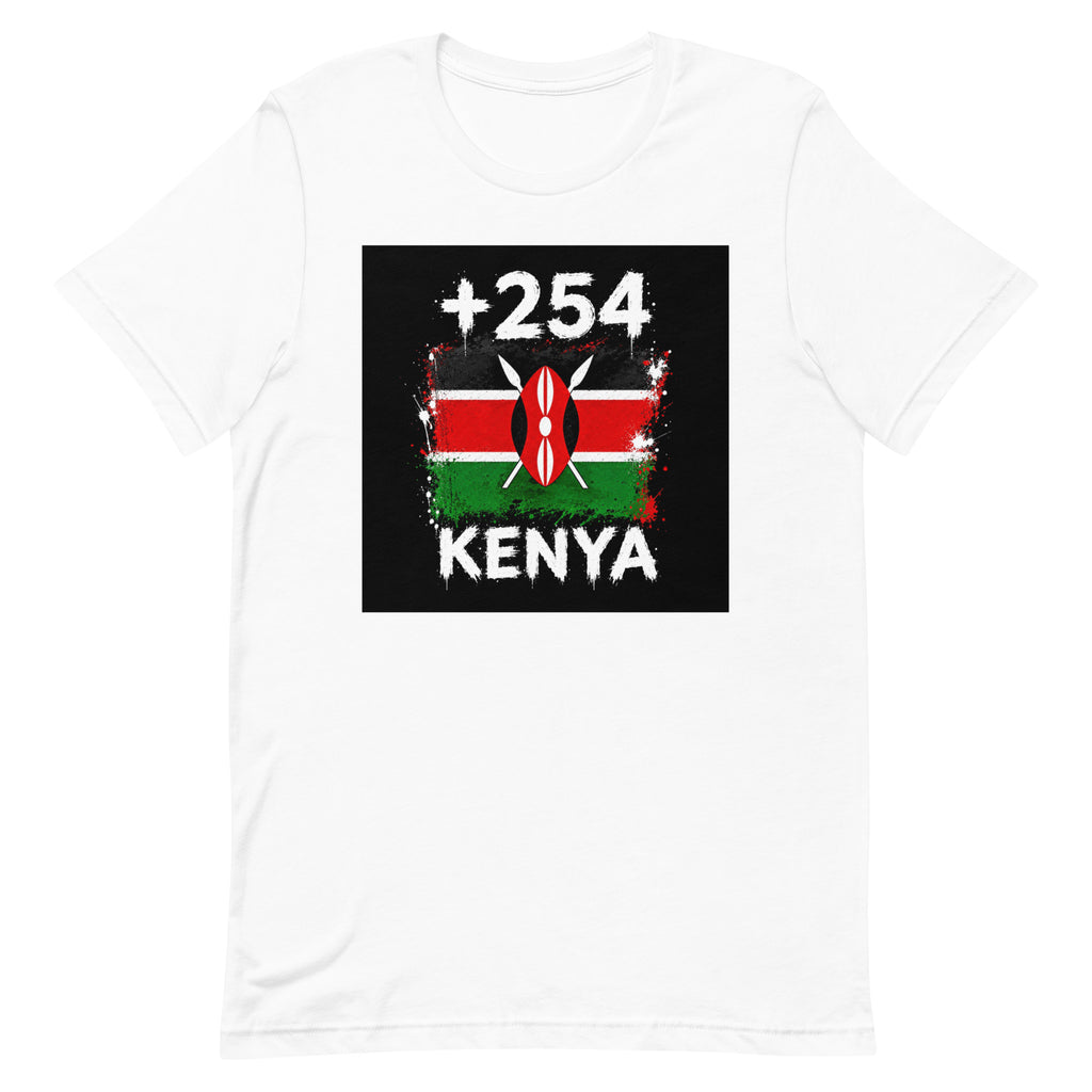 T-shirt Kenya +254 blanc vue de face, sérigraphie drapeau kényan
