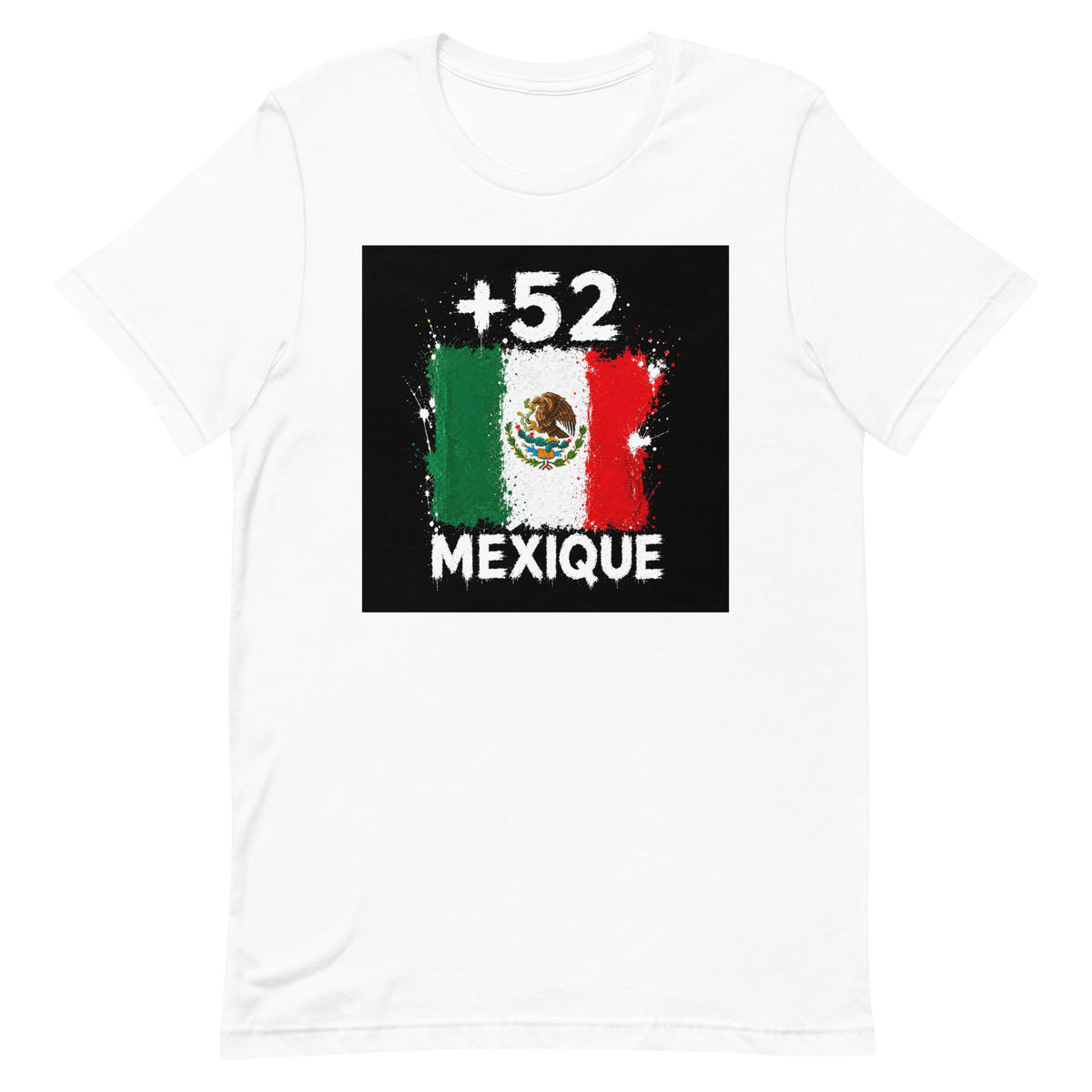 T-shirt Mexique +52 blanc vue de face, sérigraphie drapeau mexicain