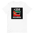 T-shirt Mozambique +258 blanc vue de face, sérigraphie drapeau mozambicain