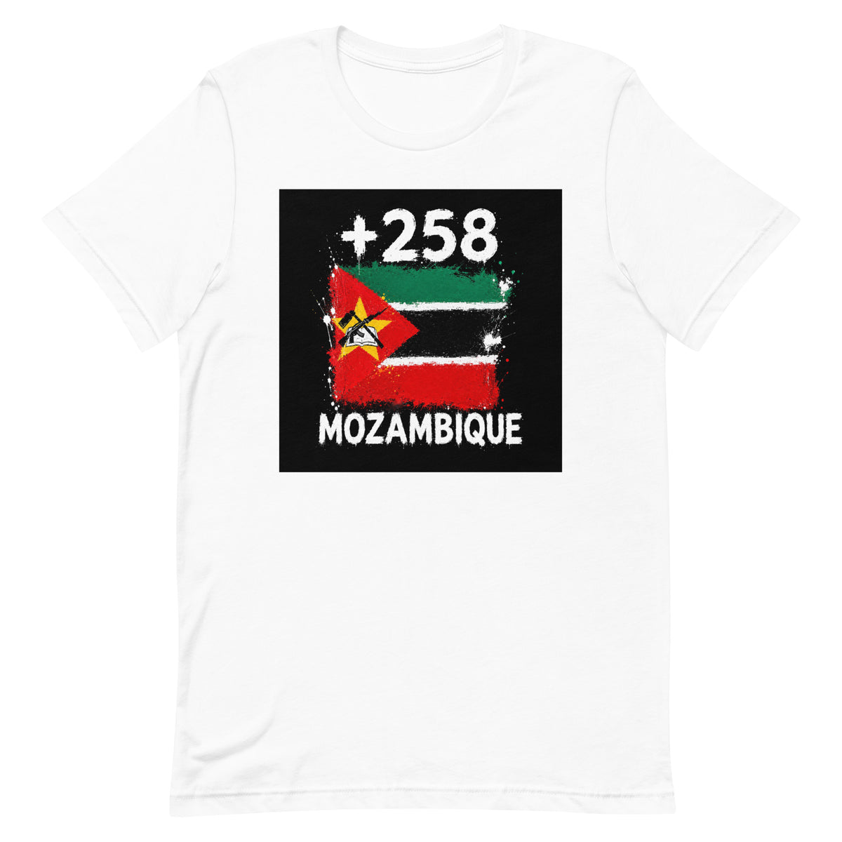 T-shirt Mozambique +258 blanc vue de face, sérigraphie drapeau mozambicain