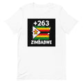 T-shirt Zimbabwe +263 blanc vue de face, sérigraphie drapeau zimbabwéen