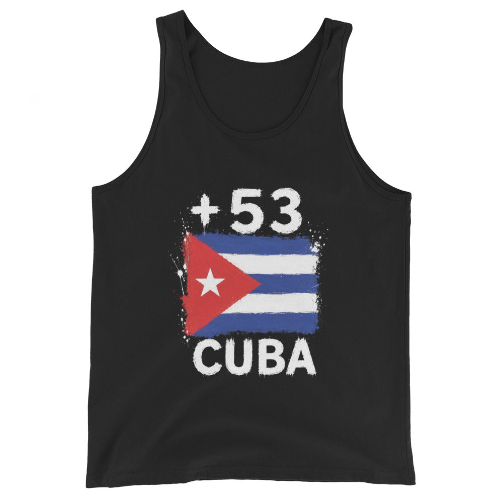 Débardeur noir Cuba +53 avec drapeau cubain floqué effet éclaboussure de peinture - Indicatif Fier