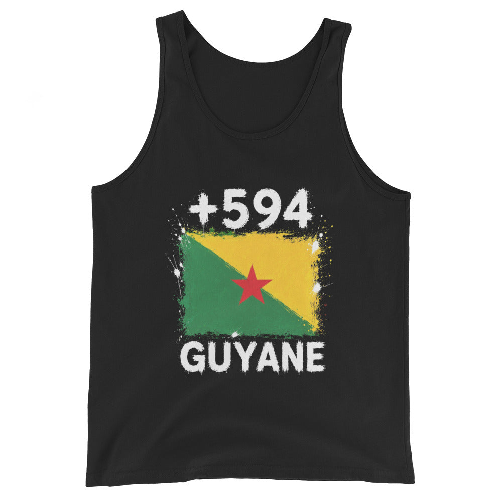 Débardeur noir Guyane +594 avec drapeau guyanais floqué effet éclaboussure de peinture - Indicatif Fier