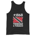 Débardeur noir Trinidad & Tobago +1868 avec drapeau trinidadien floqué effet éclaboussure de peinture - vue de face - Indicatif Fier