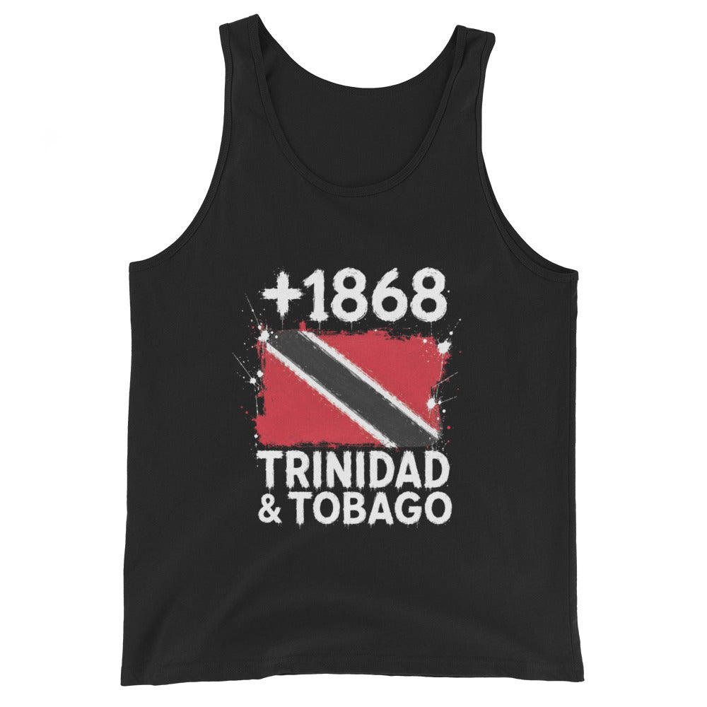 Débardeur noir Trinidad & Tobago +1868 avec drapeau trinidadien floqué effet éclaboussure de peinture - vue de face - Indicatif Fier