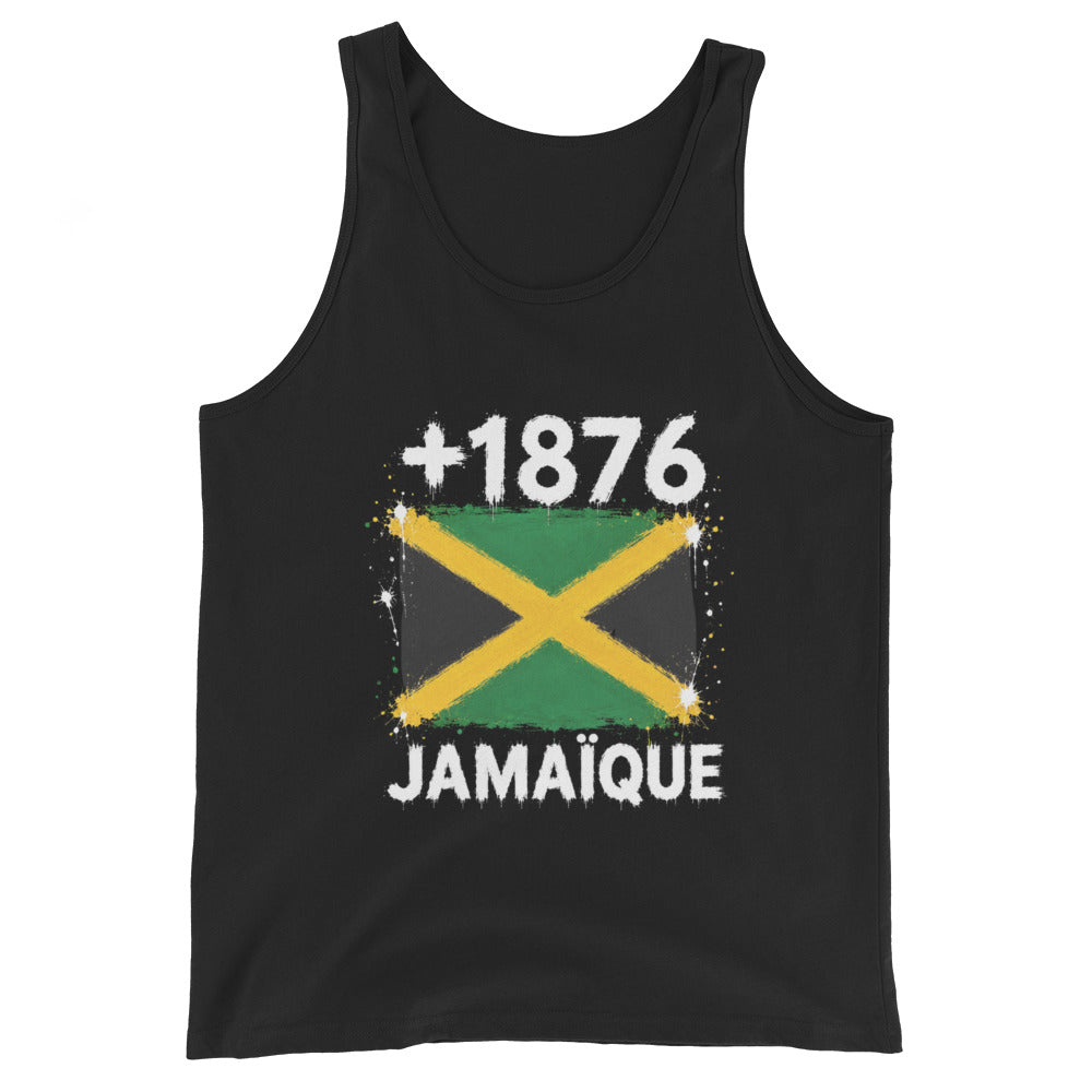 Débardeur noir Jamaïque +1876 avec drapeau jamaïcain floqué effet éclaboussure de peinture - vue de face - Indicatif Fier