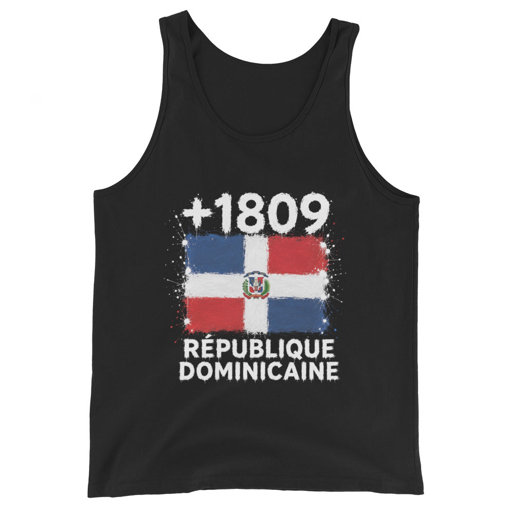 Débardeur noir République Dominicaine +1809 avec drapeau dominicain floqué effet éclaboussure de peinture - vue de face - Indicatif Fier