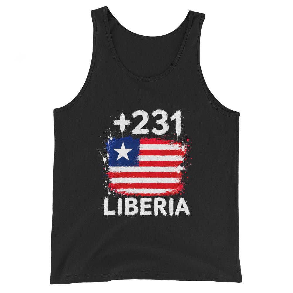 Débardeur Liberia +231 noir vue de face, sérigraphie drapeau libérien